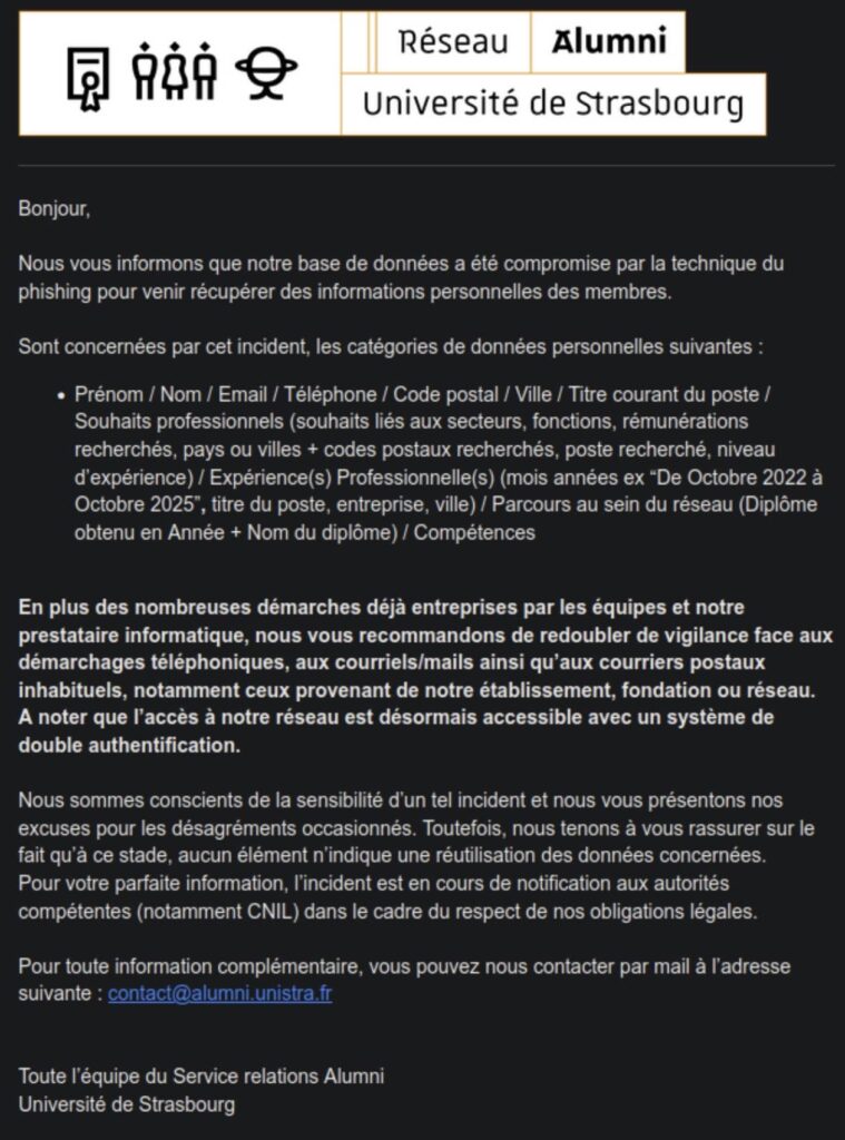 Fuite donnée réseau Alumni université Strasbourg
