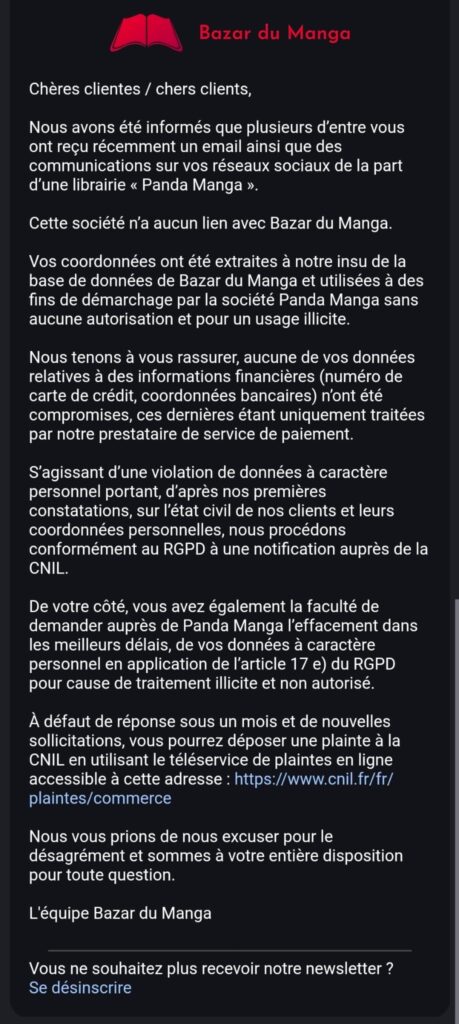 Bazar du manga cyberattaque