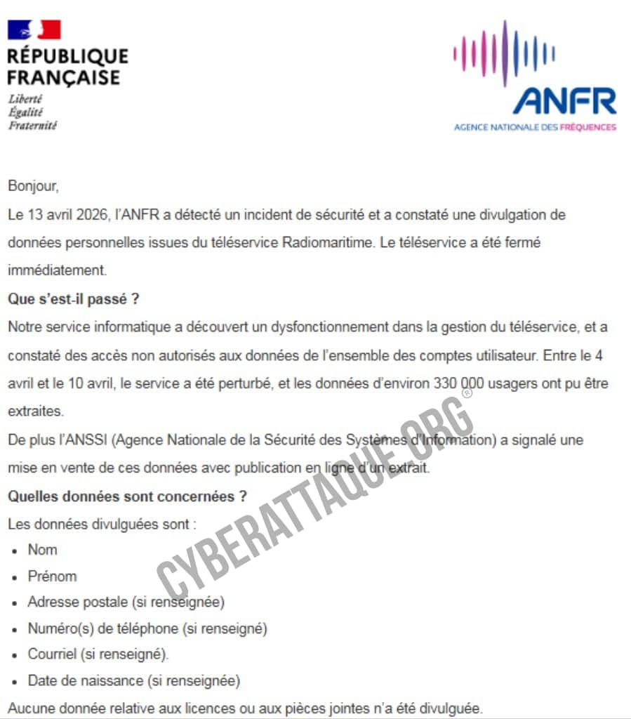 Fuite : Agence Nationale des Fréquences (ANFR)