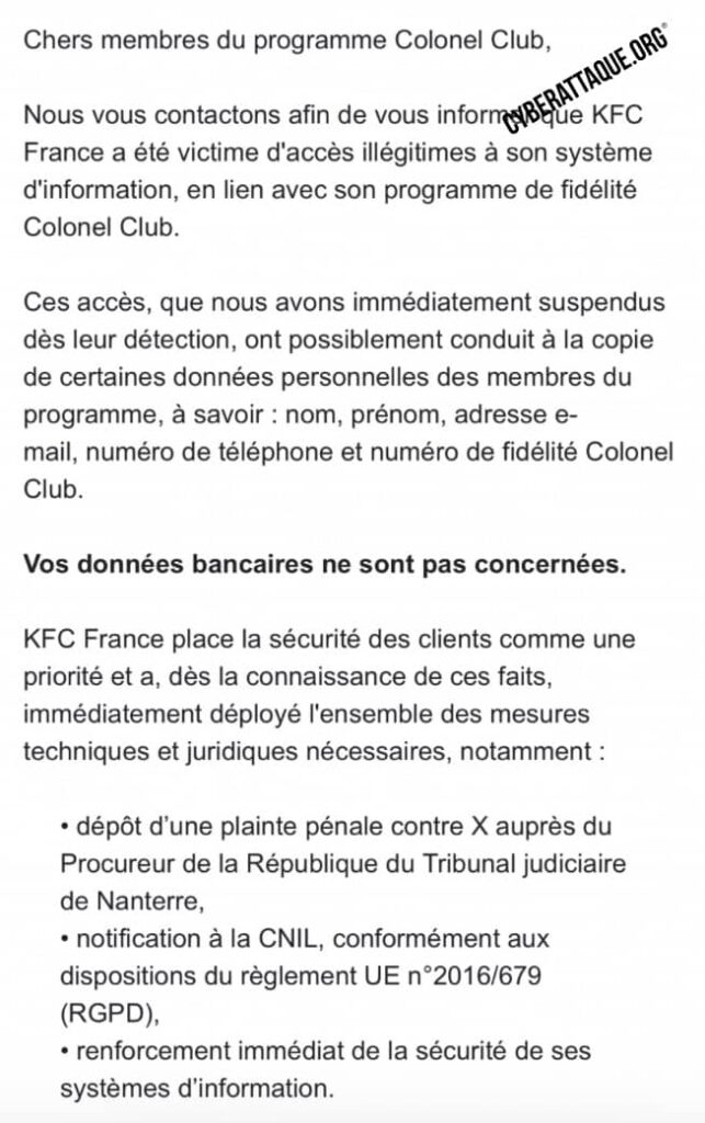 KFC Cyberattaque