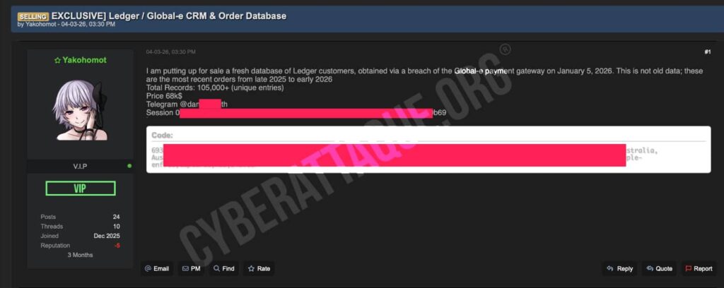 Vente de la base de clients Ledger