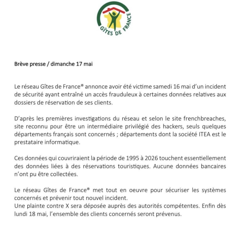 Gîte de France confirmation fuite