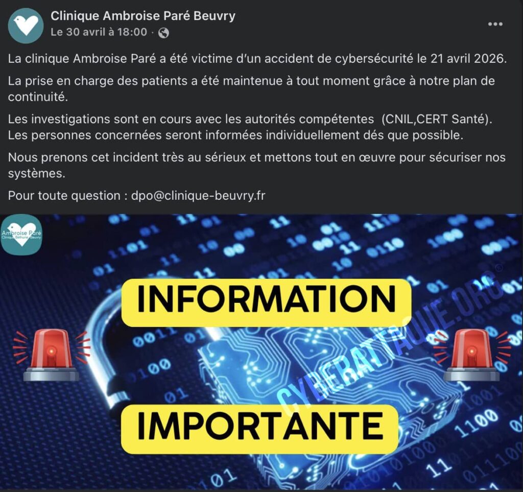 Clinique Ambroise Paré Beuvry cyberattaque