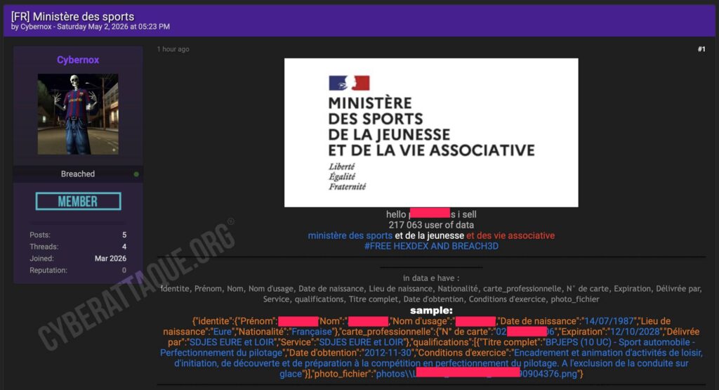 Ministère des sports cyberattaque