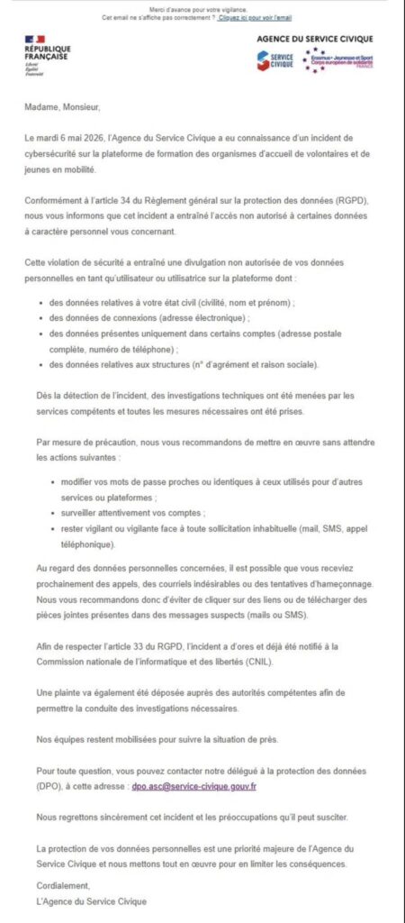 Service civique cyberattaque