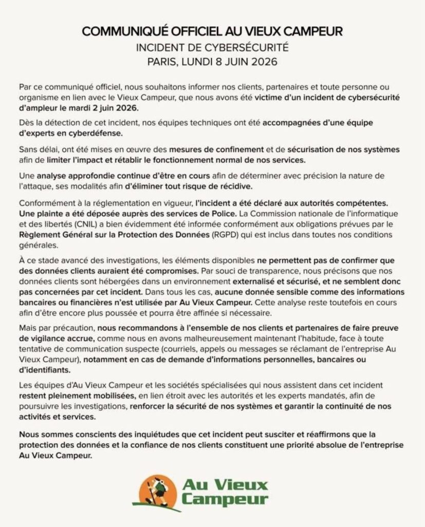 Communiqué cyberattaque Au vieux Campeur