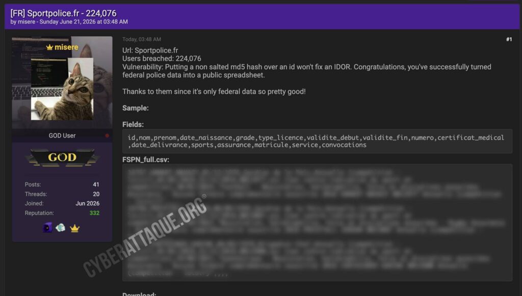 Fédération Sportive de la Police Nationale cyberattaque