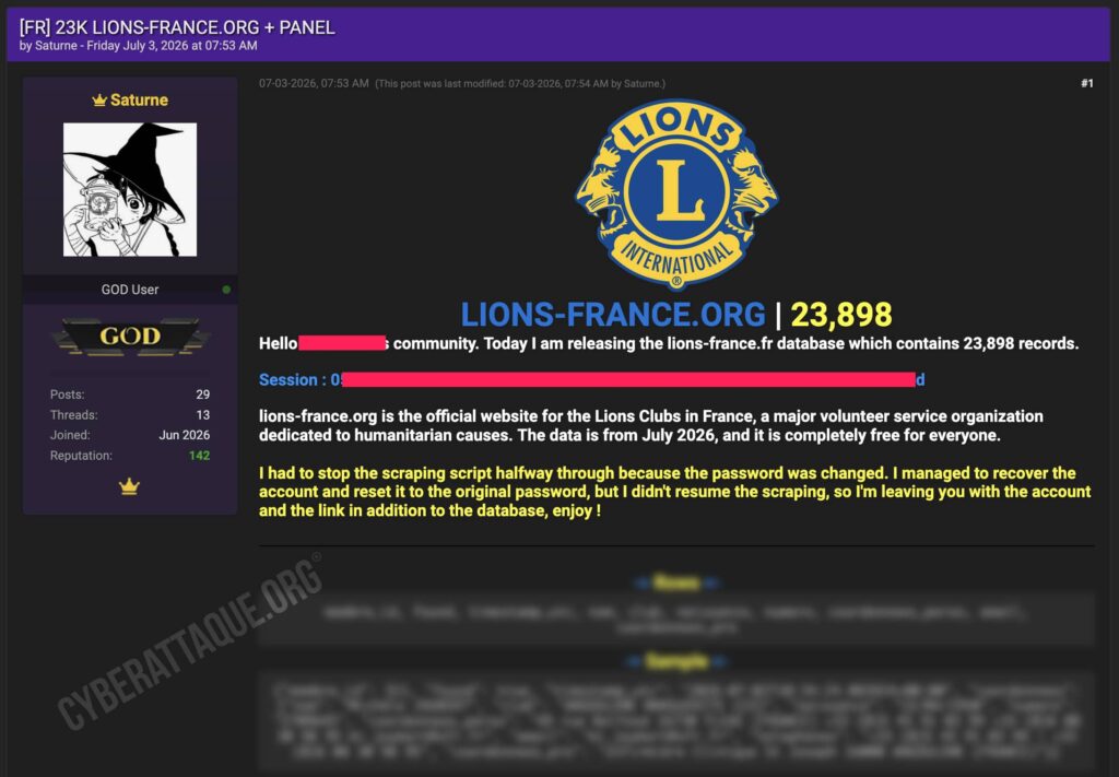 lions club cyberattaque