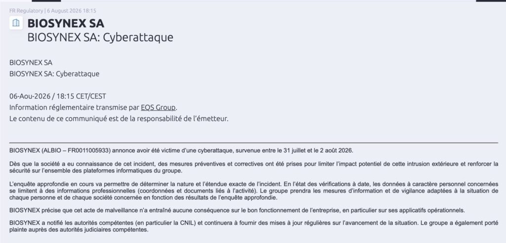 Biosynex cyberattaque