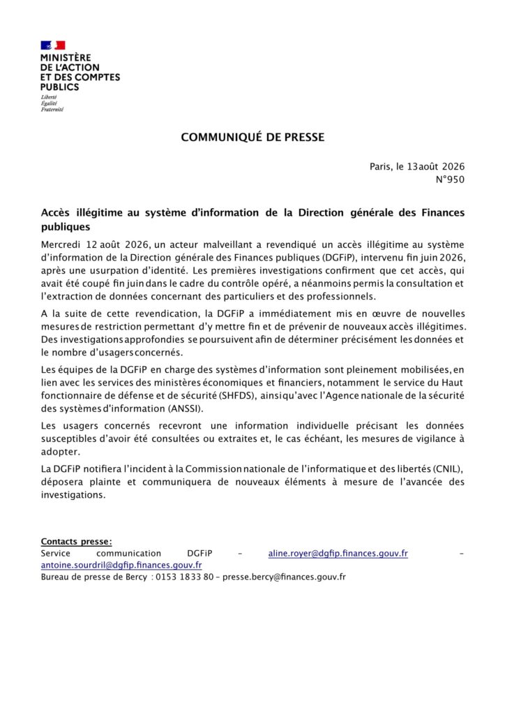 Communiqué de presse DGFIP cyberattaque
