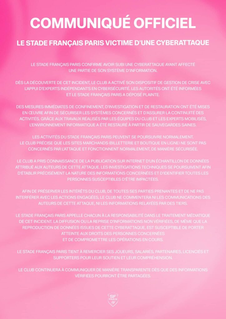 Communiqué cyberattaque stade français