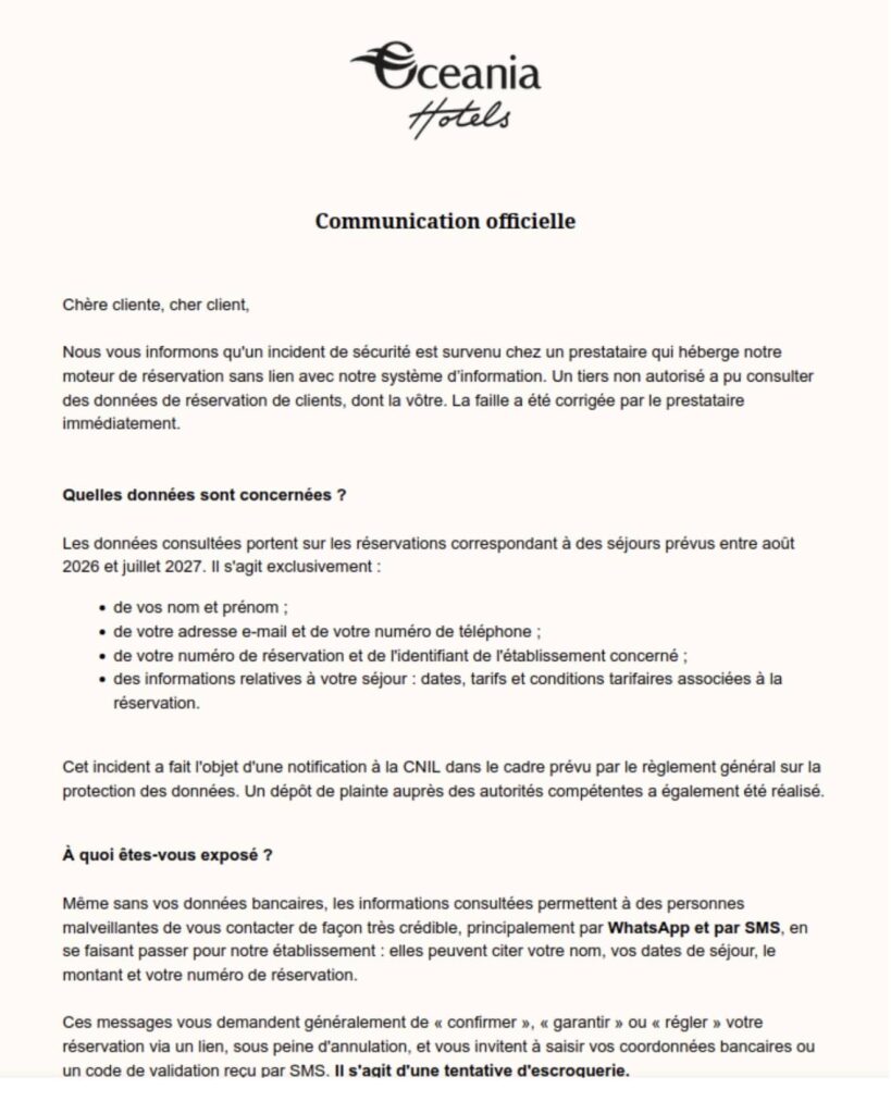Océania hôtels cyberattaque