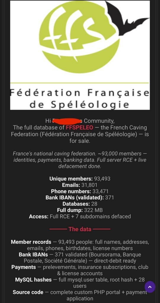Fédération Française de Spéléologie Cyberattaque