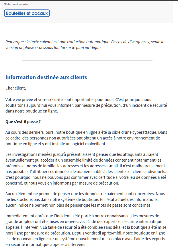 Bouteilles et bocaux cyberattaque