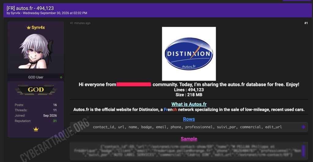 Distinxion (autos.fr) cyberattaque