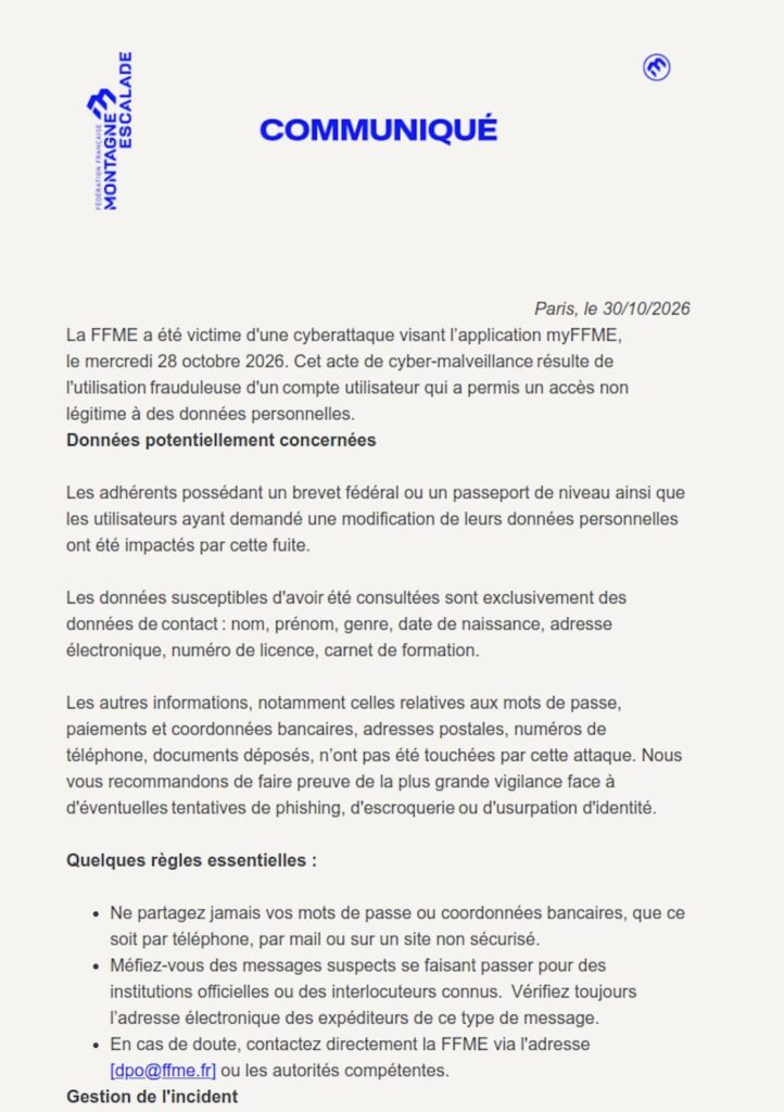 Fédération française de la montagne et de l'escalade cyberattaque