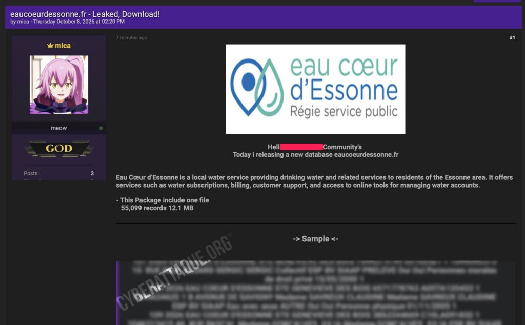 Eau Cœur d’Essonne cyberattaque