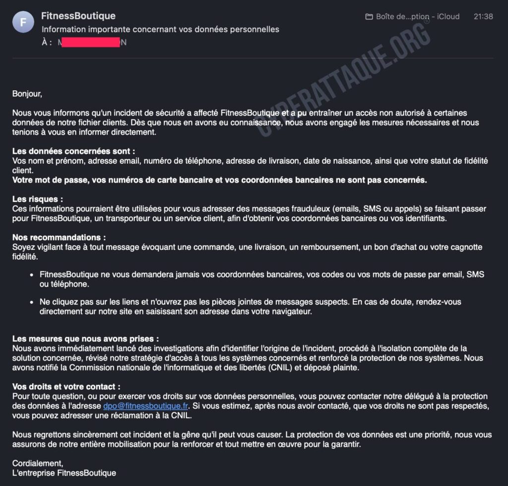 cyberattaque fitnessboutique email