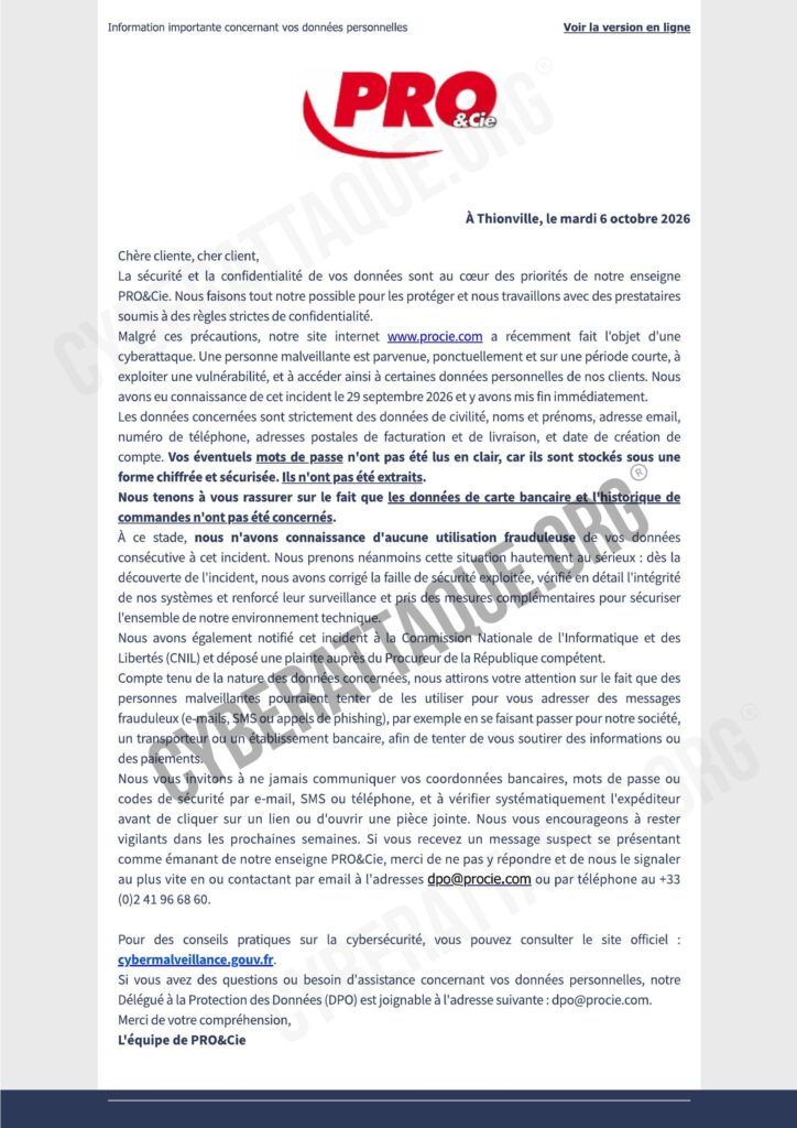 PRO&Cie cyberattaque