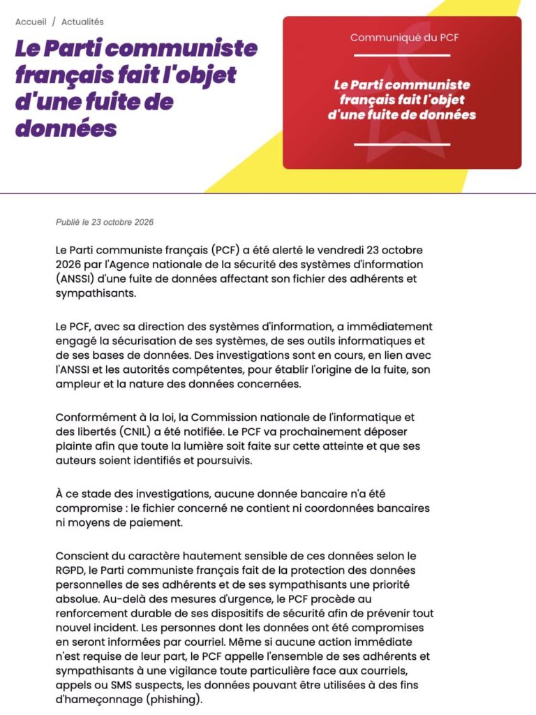 Le Parti communiste français cyberattaque communiqué de presse