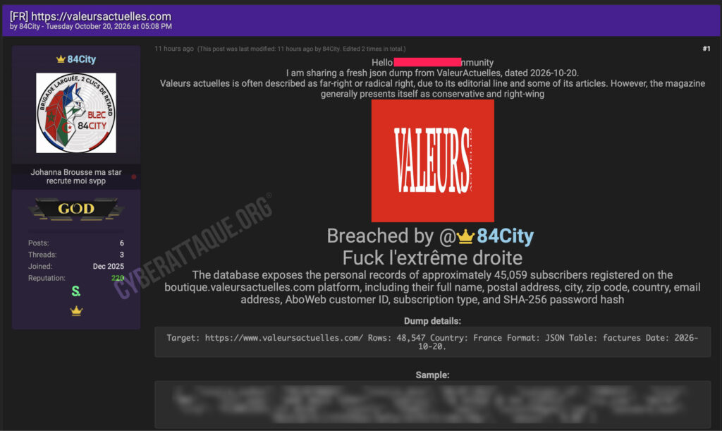 Valeurs actuelles cyberattaque